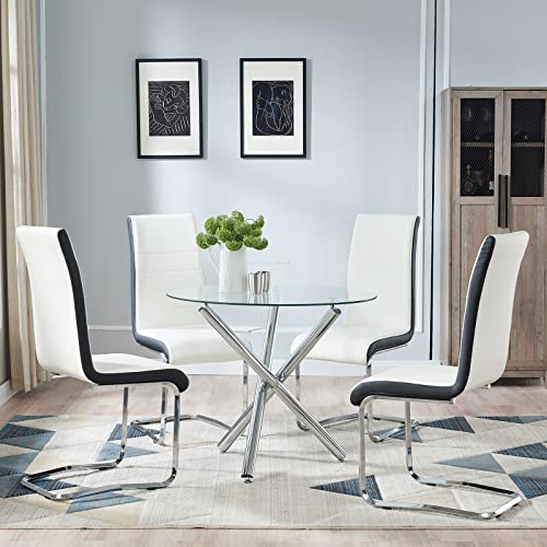 SICOTAS Glass Dining Table Round Kitchen Table with 3 Silver Chrome