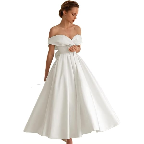 Women's Satin Tea Length Wedding Dresses for Bride Simple Midi A Line Formal Bridal Gowns White Off The Shoulder Courthouse Wedding Dress for Bride US14