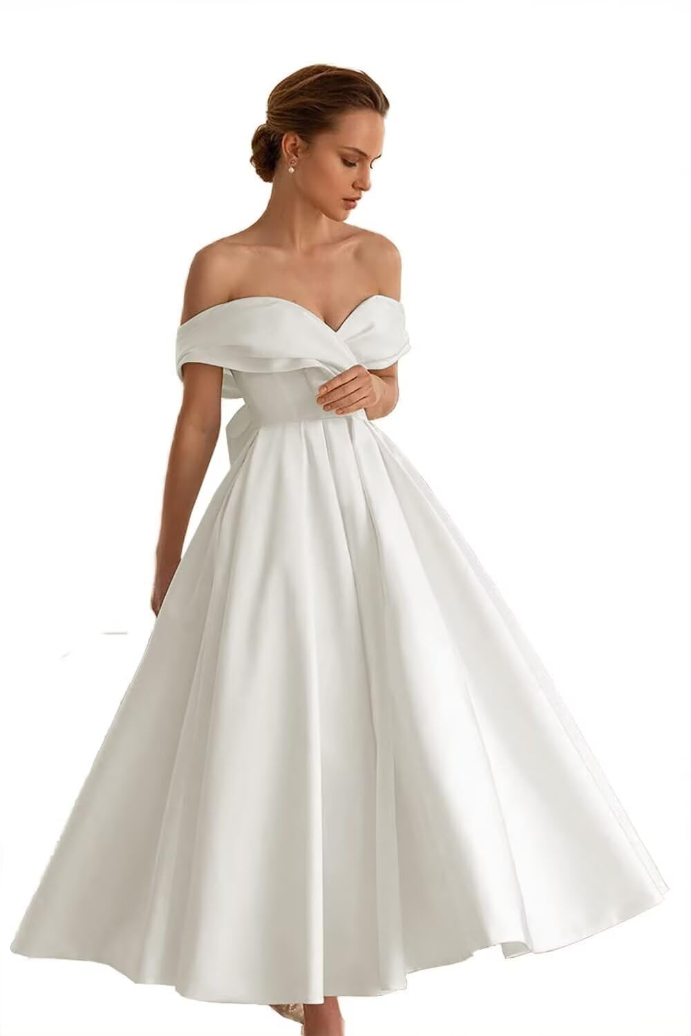 Photo 1 of White Tea Length Wedding Dresses for Women Satin Off The Shoulder Bridal Gowns for Women Midi A Line Courthouse Bride Wedding Dress for Bride US10