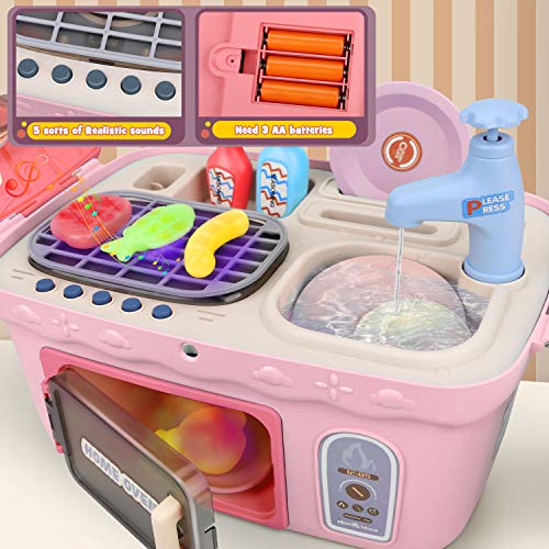 Dreamon Spielküche Spielzeug Kinderküche Zubehör Kochset Kinder Picknickkorb mit Musik Licht, Kinder (Rosa) – Bild 2
