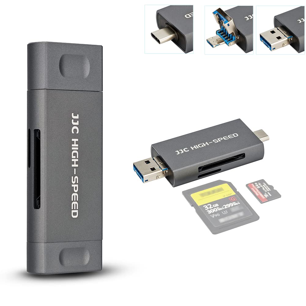 JJC Metal SD Card Reader, USB 3.1 Micro USB 2.0 Type-C 3.1 Easy Card Reader USB OTG Adapter for UHS-II UHS-I SD SDHC SDXC Micro SD Micro SDHC Micro SDXC Memory Cards (Gray)