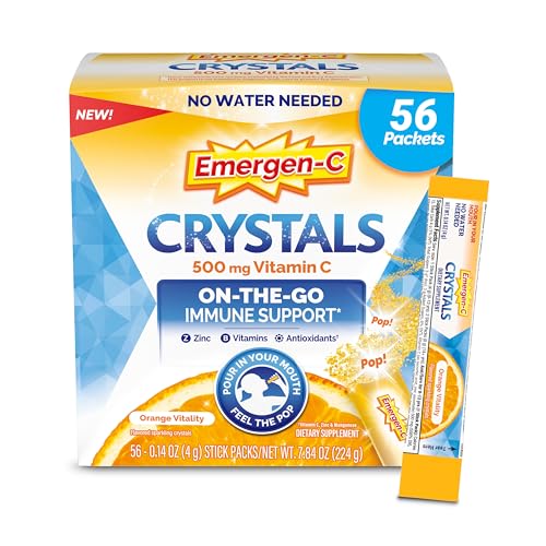 EMERGEN-C CRYSTALS, ON-THE-GO IMMUNE SUPPORT SUPPLEMENT WITH VITAMIN C, B VITAMINS, ZINC AND MANGANESE, ORANGE VITALITY – 56 STICK PACKS