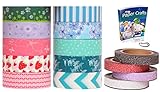 Artistic Rolls 10-Piece Japanese Kamoi Decorative Washi Paper Tapes with 4-Piece Glitter Tape and eBook, Digital Curio-Blue, Green & Strawberry Combination
