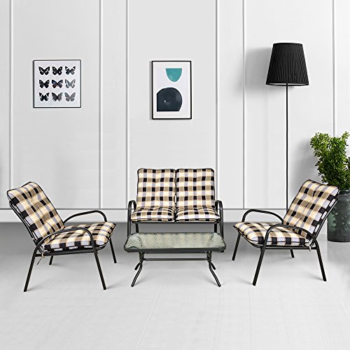 iKayaa 4 Piece Outdoor Converstion Set Patio Furniture Custioned Seats Steel Frame (Grid Pattern)