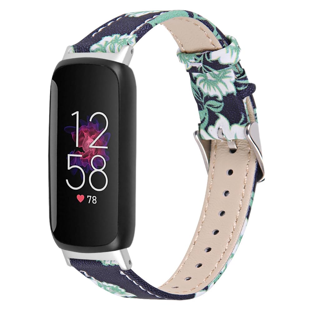SeNool PU Leather Strap Compatible with Fitbit Inspire 3, Men and Women Soft Breathable Replacement Watch Strap Bands Compatible with Fitbit Inspire 3 - Blue Green Flowers