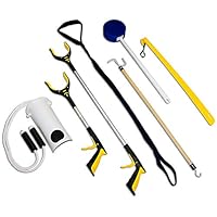 RMS 7-Piece Hip Knee Replacement Kit with Leg Lifter, 19 and 32 inch Rotating Reacher Grabber, Long Handle Shoe Horn, Sock Aid, Dressing Stick, Bath Sponge - Ideal for Knee or Back Surgery Recovery