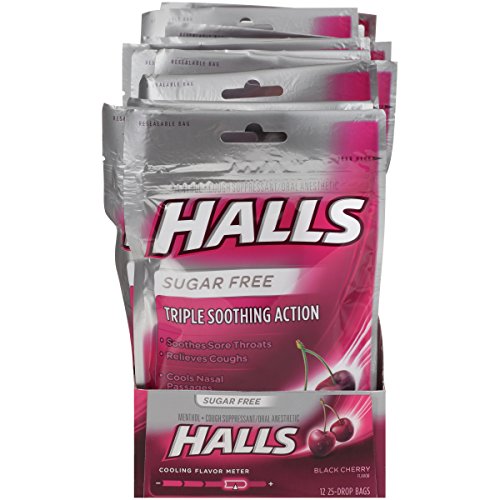 HALLS Sugar-Free Cough Drops, (Black Cherry, 25 Drops, 12-Pack)