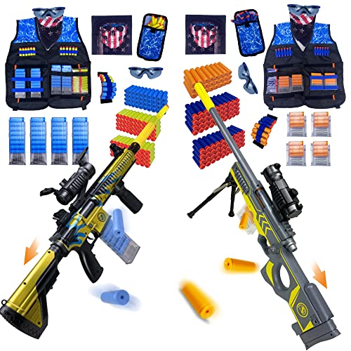 AGM MASTECH Shell-Throwing Foam Blaster Soft Bullet Gun Set with Tactical Vest Kit Including AWM and 416 Each