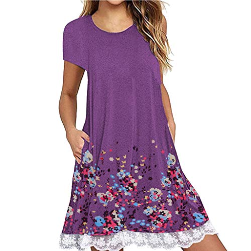 TIFENNY Mini Dress for Women O Neck Casual Print with Pocket Lace Short Sleeve Mini Dress Loose Party Dress Purple