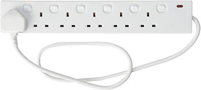 PRO ELEC 6 Gang Extension Lead 1m White Individually Switched Sockets UK Plug