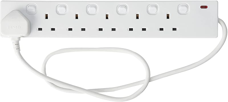 PRO ELEC 6 Gang Extension Lead 1m White Individually Switched Sockets UK Plug