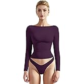 SUUKSESS Women Crew Neck Long Sleeve T Shirts Double Lined Tight Fitted Crop Top
