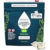 Puracy Laundry Detergent Pods with 2 Bio-Powered Enzymes, Free and Clear for Sensitive Skin, Non Toxic Richly Concentrated Washing Detergent Pods, 32 Ct