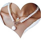 Erimberate Bohemian Layered Pearl Pendant Necklace Gold Pearl Disc Choker Necklace Baroque Pearl T Bar Necklace Coin Collar Necklace Paperclip Link Chain Necklace Jewelry for Women