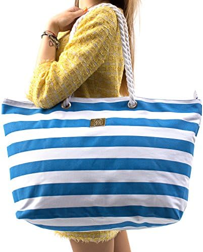Large Canvas Striped Beach Bag - Top Zipper Closure - Waterproof Lining - Tote Shoulder Bag For Gym Beach Travel 2 Large Canvas Striped Beach Bag - Top Zipper Closure - Waterproof Lining - Tote Shoulder Bag For Gym Beach Travel