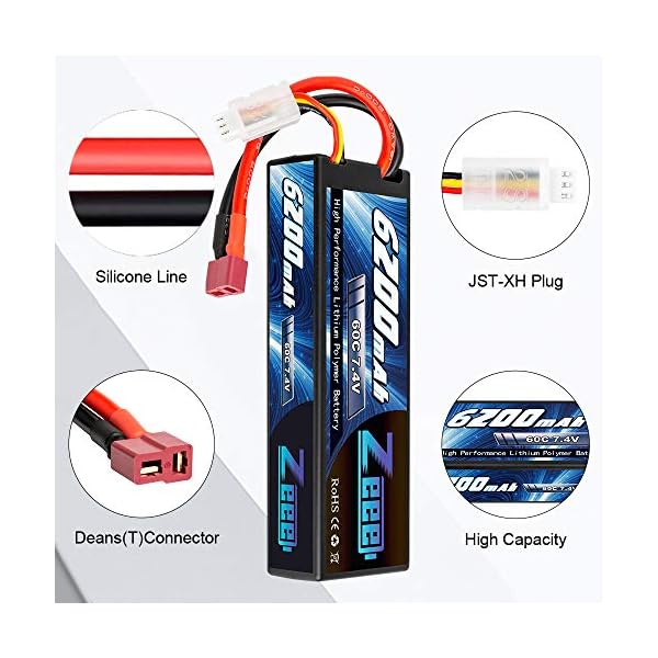 Zeee 7.4V 60C 6200mAh 2S RC Lipo Battery Hardcase with Deans Connector for RC Vehicles Car Truck Truggy Boat(2 Pack) – Bild 4