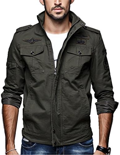 Qiuji Men's Casual Long Sleeve Full Zip Fashion Cotton Jackets With Shoulder Straps, Army Green, 5X-Large