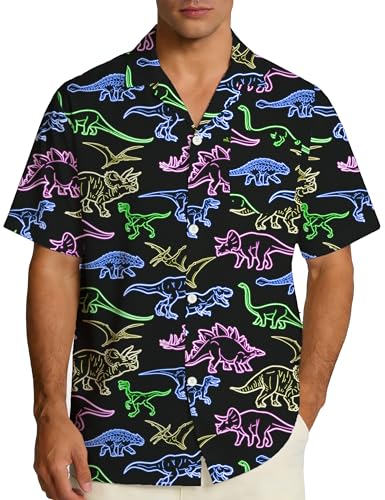 EoBeKee Men's Retro Neon Hawaiian Shirt, Funny Casual Dinosaur Print Short Sleeve Button Down Shirts for Summer Night Beach Music Party at Amazon