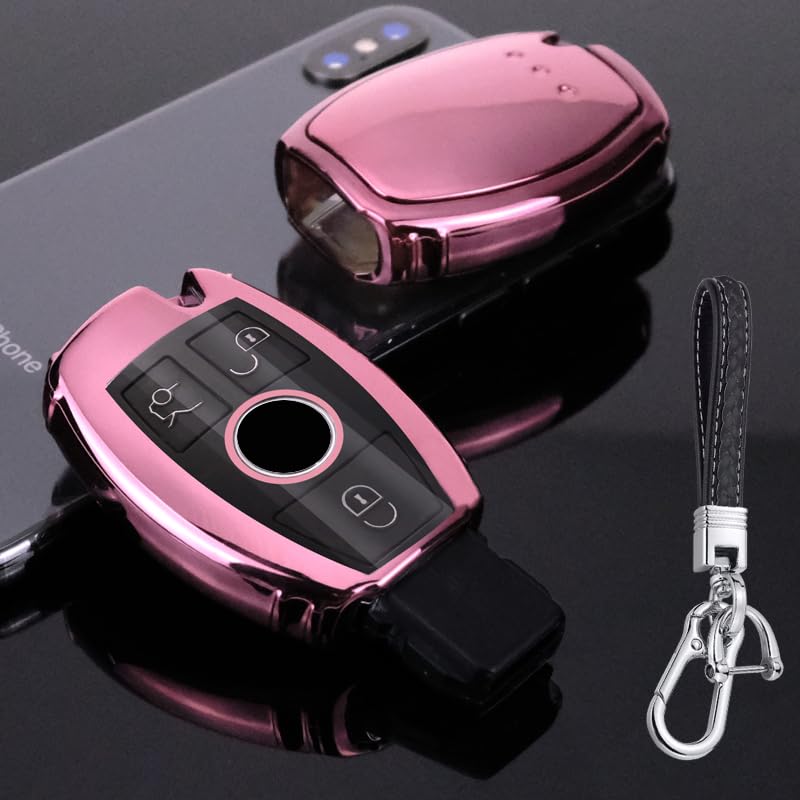 TPU Cover for Mercedes Benz Key Fob，2-3 Buttons Smart Key Shell Case Compatible with Benz A/C/E/S/R/G/GLA/GLC/GLK/A209/W164/W245/W212/W204,with Leather Keychian-Pink