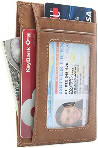 Linscra Small Genuine Leather RFID Blocking Minimalist Wallet Credit ID Card Holder Travel Slim Pocket Wallet Money Clip Men Women, Brown