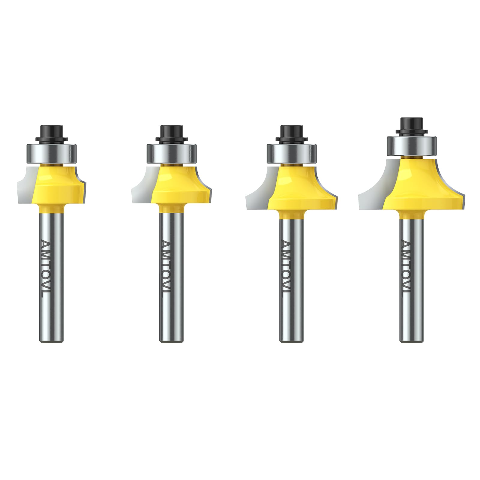 AMTOVL 4 PCS Round Over Router Bit Set - 1/4" Shank Round Over Edging Router Bit Set, 1/8", 3/16", 1/4", 5/16" Radius