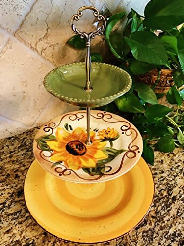 Three Tier Stand, Jewelry Stand, Vanity Stand, Cake Plate, Tray, Mismatched Plates, Cupcake Stand, Dessert, Appetizer, Tidbit, Vintage, Sun Flower, Tuscan