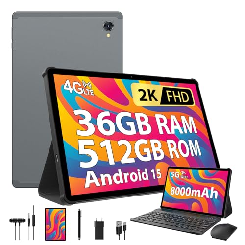 PIXGOOD 2K Android 15 Tablet, 36GB RAM+512GB ROM (2TB TF), 4G LTE + 5G WiFi, Tablet 10.6 Inch, Octa-Core, 2000 x 1200FHD, 8000mAh, 13MP + 8MP, GPS, Tablet with Keyboard (Grey)