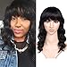 WIGNEE 100% Virgin Human Hair Loose Deep Wave Wigs with Bangs Brazilian Human Hair Wave Wig for Women Natural Black (14 Inch)