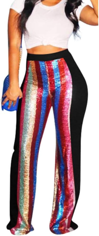 ALLUMK Women's Stretchy High Waisted Wide Leg Button-Down Pants with Sequins