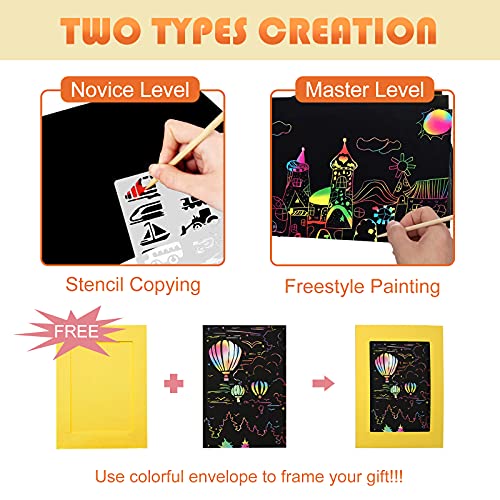 Cupohus Rainbow Scratch Art 80 Piece Set for Kids, 50 Sheets 5’’ x 7’’ Magic Scratch Off Paper with 20 Sheets Envelopes, 4 Stencils, 5 Scratcher Sticks, and 1 Cleaning Brush