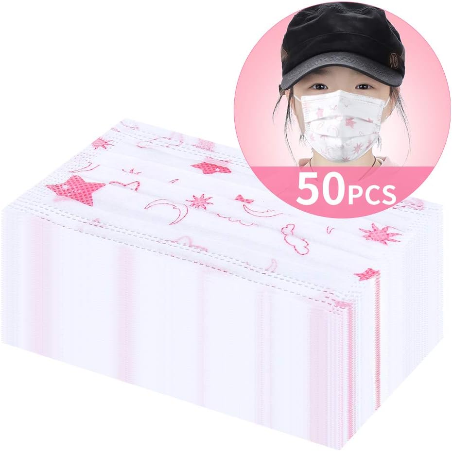 50Pcs Disposable Filter 3 Ply Dental Surgical Comfort Breathable Beauty Dust Face Masks for Kids, Pink