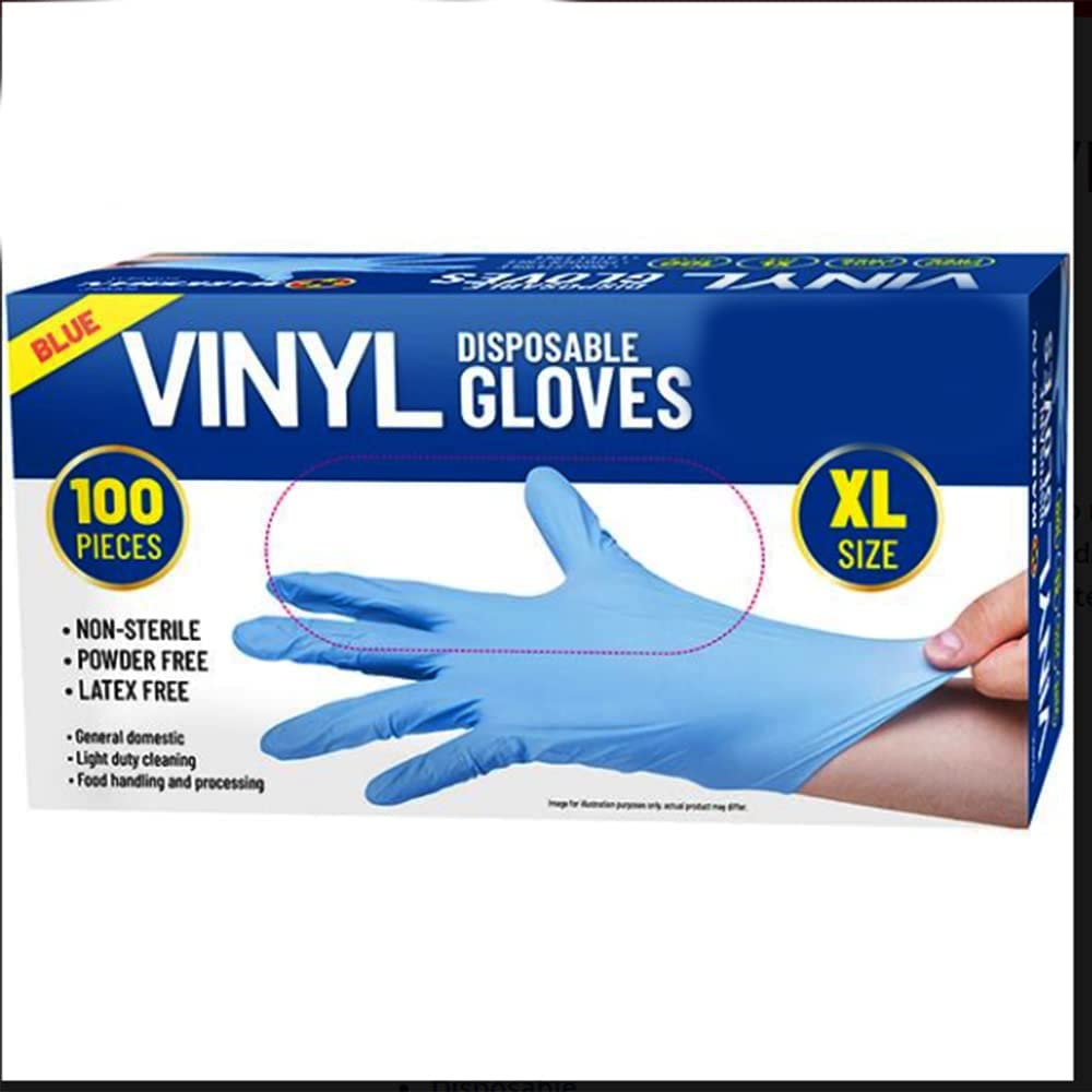 Zale Yardley Disposable Gloves, 100Pcs Vinyl Gloves, Multi-Purpose, Powder Free, Extra Strong Blue Non-Sterile Ambidextrous Comfortable Industrial Rubber Gloves (XL)