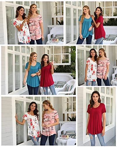 CATHY Women's Summer Short Sleeve Pleated Blouse Loose Flowy Tunic Top