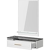 TTGIEET Wall Mount Salon Station with Mirror, Hair Styling Barber Station with 3 Alloy Hair Dryer Holders & 1 Drawer, Beauty Salon Spa Equipment Set for Hair Styling（White）