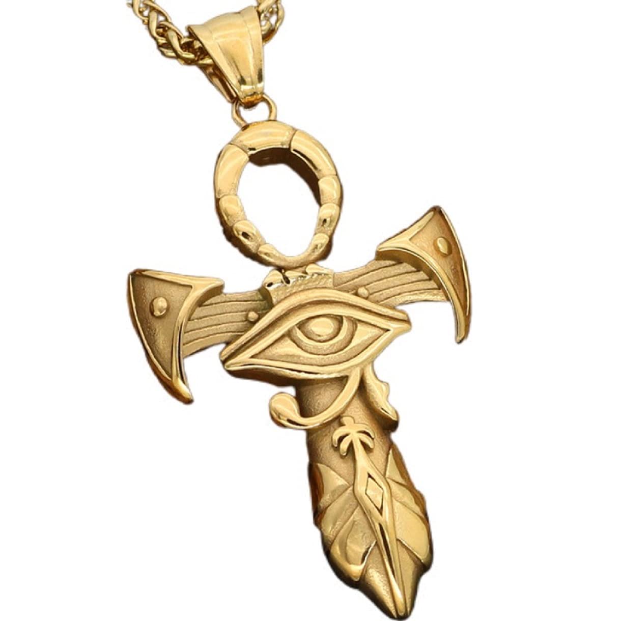 MayiaHey Eye of Horus Cross Necklace for Men, Stainless Steel Ancient Egyptian Necklace Symbol of Protection Necklace (Gold)