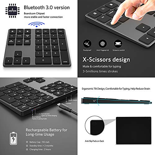 Rechargeable Bluetooth Wireless Numeric Keypad for Laptop, Portable Aluminum 34 Key Shortcuts Digital Entry Number pad Compatible with Apple iMac, MacBook Pro, iPad Pro, Surface (Space Grey)