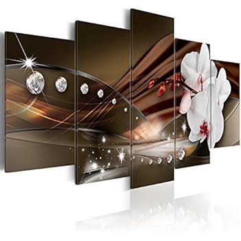 Modern Canvas Print Art Wall Picture 5 panels Flower White Orchid Floral Painting Contemporary Diamond Brown Decor Artwork Framed and Stretched ( 40