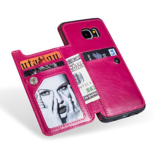 For Samsung Galaxy S7 Pocket Case, Aearl TPU Bumper Shell Back Magnetic Button Closure Vintage PU Leather Cover Zipper Wallet Purse Card Holder Slot Kickstand Case for Samsung Galaxy S7 - Rose Red - Thumbnail 4