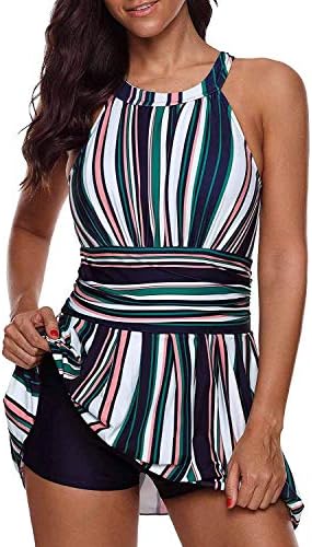 Pommaxe Womens Vertical Striped Swimsuit Tummy Control Swimdress with Boyshorts Skirted Two Piece Bathing Suit