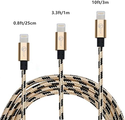 OOLLWW iPhone Cable,3Pcs Nylon Braided iphone Charger to Cable Data Syncing Cord 0.8ft/3.3ft/10ft Compatible with iPhone 7/7 Plus/6/6 Plus/6S/6S Plus,SE/5S/5,iPad,iPod Nano 7 - Golden