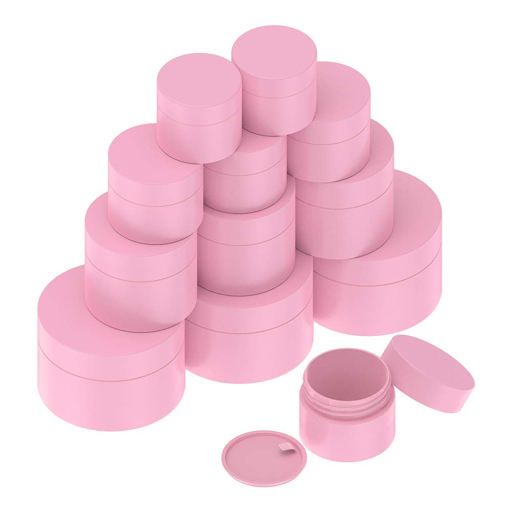 YoungRich 12Pcs Empty Frosted Thicken Cosmetics Container Pots Set,Pink Small Jars Plastic Storage Travel Bottle Face Cream Lip Balm Leakproof Refillable for Makeup,Cream,Powder(5g,15g,20g,30g)