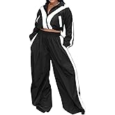Women Striped 2 Piece Outfits Fall Workout Sets Windbreaker Tracksuit Crop Jacket Wide Leg Pants with Pockets