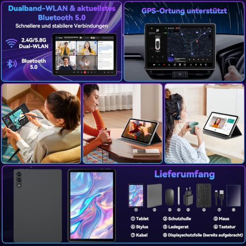 11 Inch Tablet with Keyboard, Android 16 with Gemini AI, 32GB RAM + 128GB ROM (1TB TF), 1920 x 1200 FHD 90Hz Display, Unisoc T7250 Octa-Core, 8MP + 16MP Dual Camera, Face ID, Widevine L1, 8000 mAh