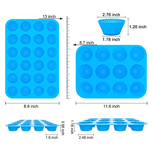 Bligli Muffin Cupcake Pan Set - Mini 24 Cups and Regular 12 Cups Muffin Tin, Nonstick BPA Free Best Food Grade Silicone Molds with Bonus 12 Silicone Baking Cups (Molds Set)