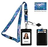 Claude Monet Water Lilies 1917 Print Lanyard with PU Leather ID Badge Holder Wallet with 3 Card Pockets, Safety Breakaway Clip & Matching Note Card. Gift of Carabiner Keychain Flashlight.