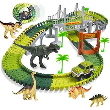 Aokesi Dinosaur Toys Tracks Car Boy Gifts,206 Pieces Dinosaur Train Track Play Set with 2 Pack Dinosaur Car