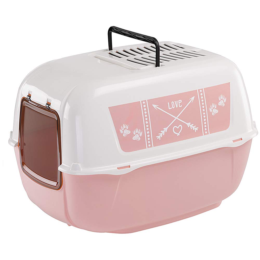 Ferplast Hooded Cat Litter Tray Box, PRIMA DECOR Cat Toilet Box with Door and 2 Activated Carbon Filters against bad odors, 57.5 x 51.5 xh 22 cm, pink