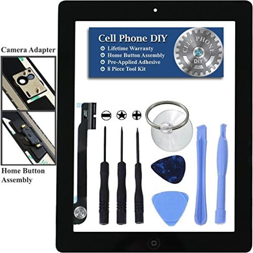 Cell Phone DIY Black iPad 4 Digitizer Replacement Screen Front Touch Glass Assembly Replacement - Includes Home Button + Camera Holder + Pre-Installed Adhesive with Tools – Repair Kit
