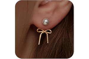 Risamil 14K Gold Plated/Silver Earrings for Women Trendy, Dainty Bow Earrings for Women Cute Pearl Huggie Earring Hoops Twist Rope Bow Stud Pearl Dangle Cubic Zirconia Earrings Jewelry Gifts