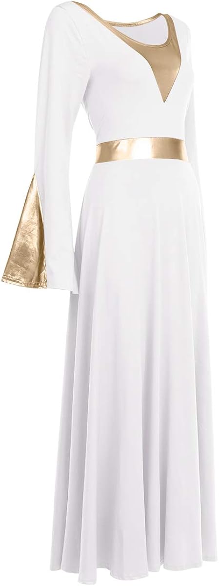 Women Metallic Color Block Liturgical Praise Dance Dress Bell Long Sleeve Lyrical Dancewear Gowns Worship Costume: Clothing